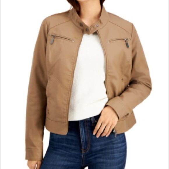 Jou Jou Trendy Plus Size Truffle Tan Faux-Leather Jacket Size 1X NWT - Picture 1 of 9